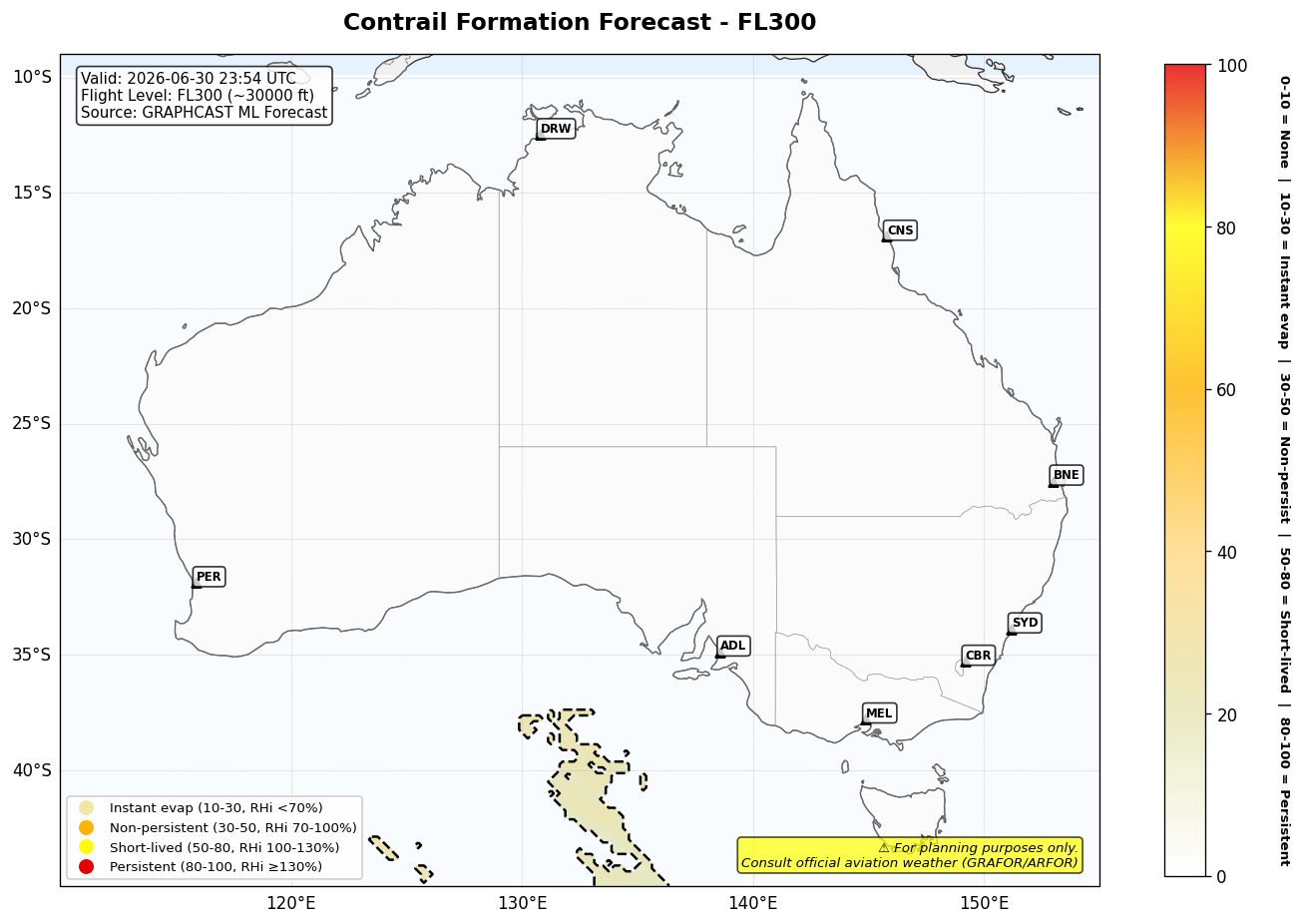 Contrail forecast for FL300 at 2026-06-30 23:54 UTC