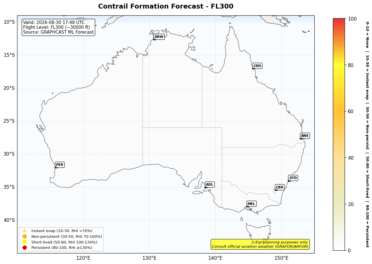 Contrail forecast for FL300 at 2026-08-30 17:48 UTC