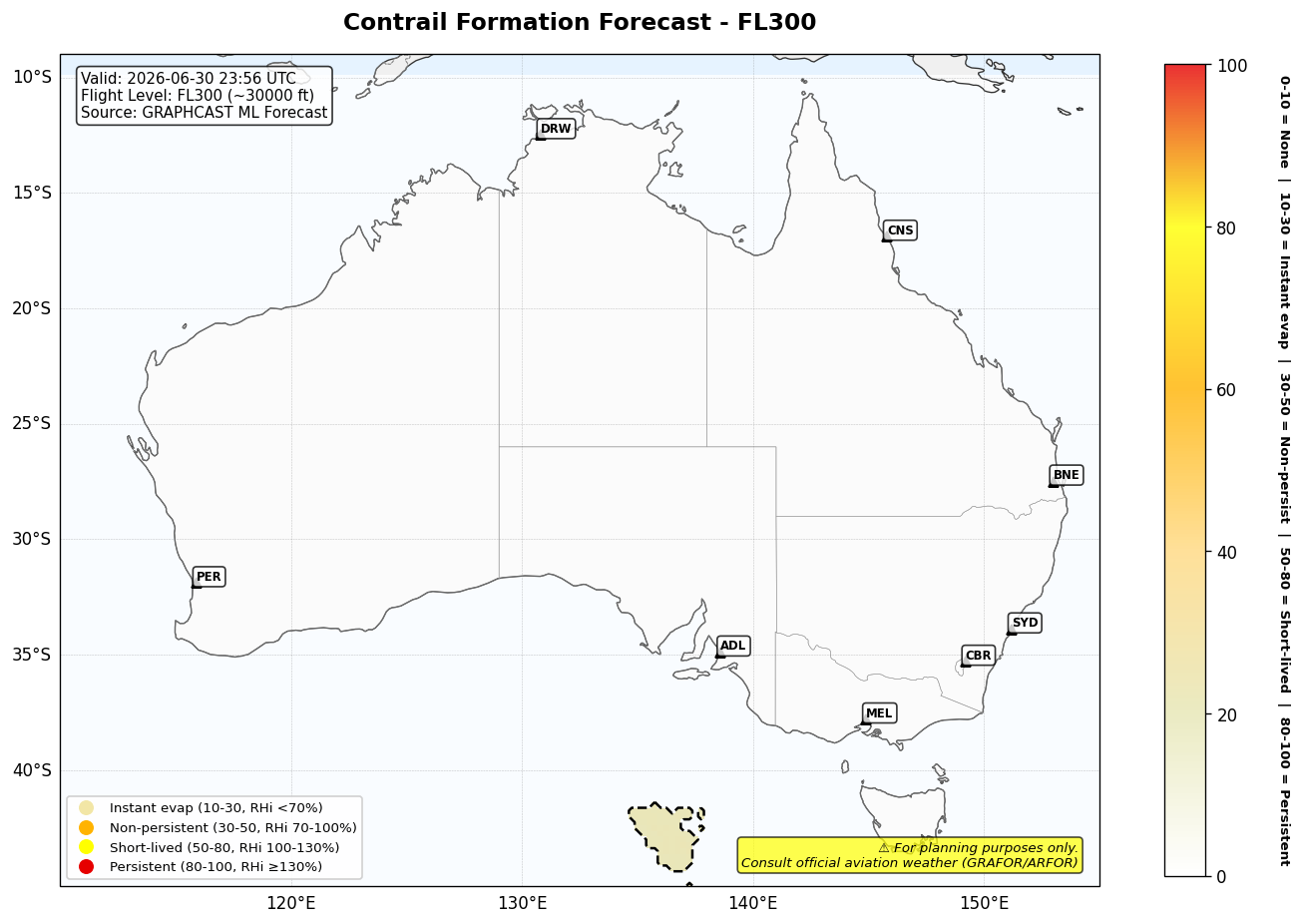 Contrail forecast for FL300 at 2026-06-30 23:56 UTC