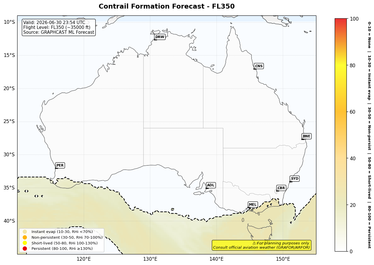 Contrail forecast for FL350 at 2026-06-30 23:54 UTC