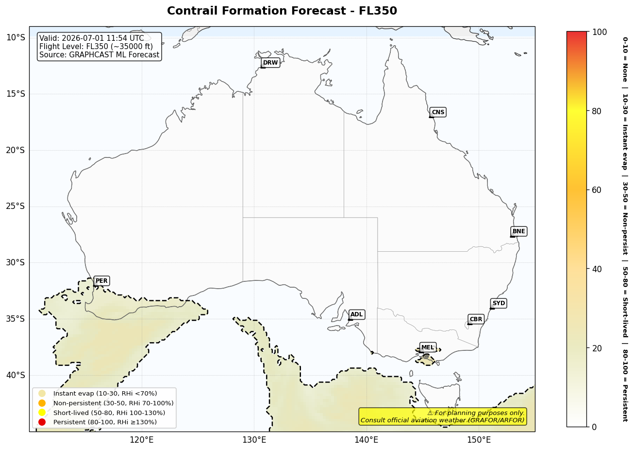 Contrail forecast for FL350 at 2026-07-01 11:54 UTC