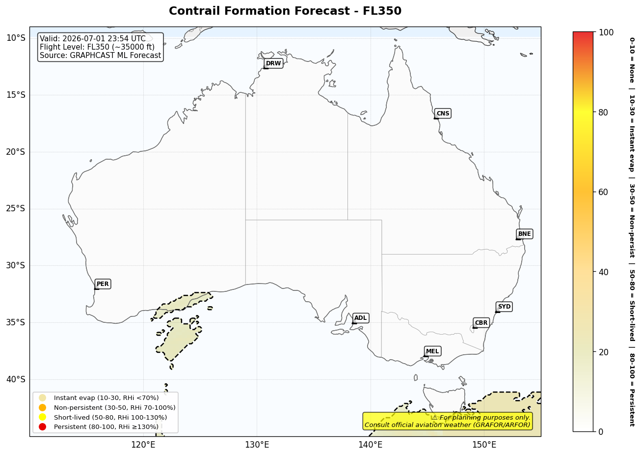 Contrail forecast for FL350 at 2026-07-01 23:54 UTC
