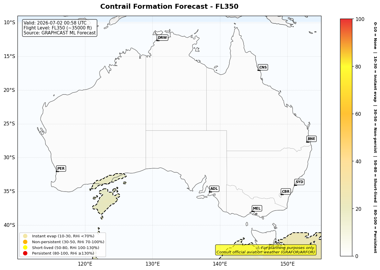Contrail forecast for FL350 at 2026-07-02 00:58 UTC