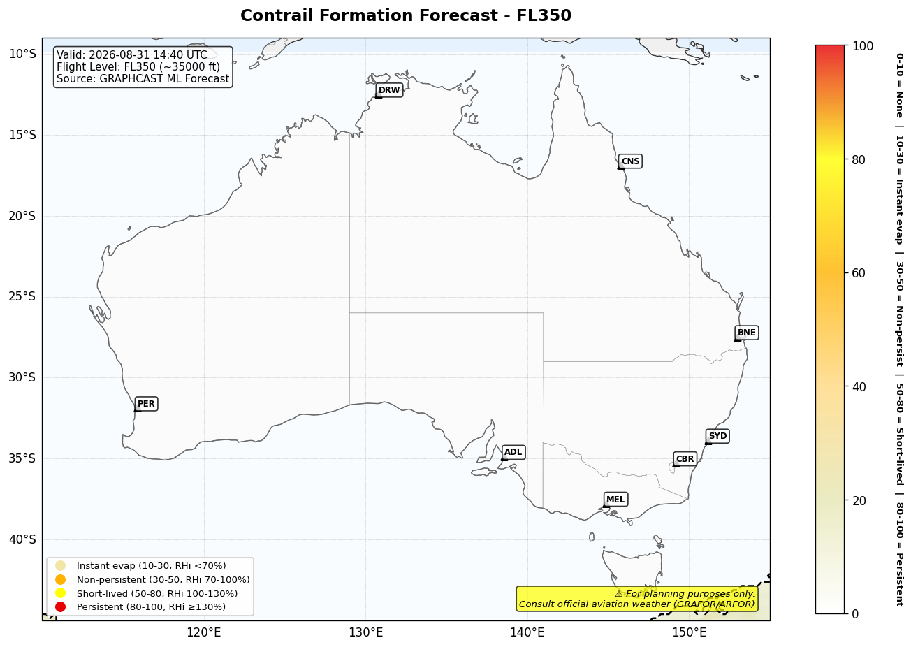 Contrail forecast for FL350 at 2026-08-31 14:40 UTC