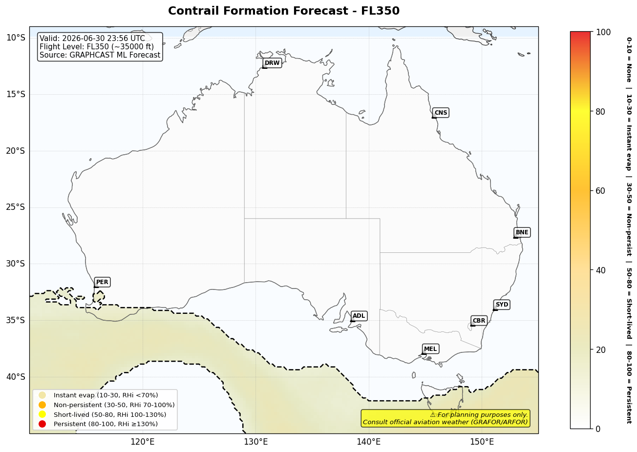 Contrail forecast for FL350 at 2026-06-30 23:56 UTC