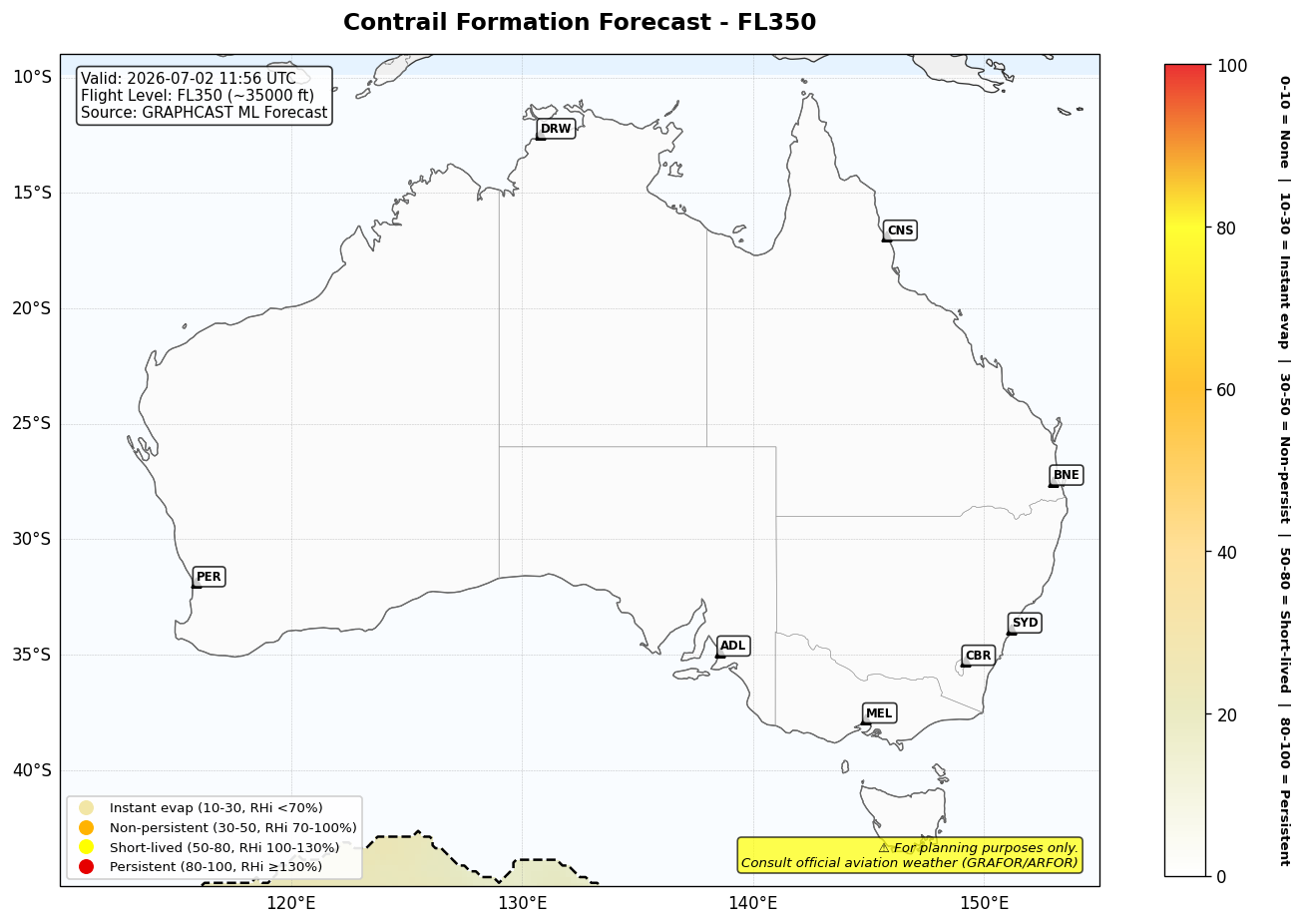 Contrail forecast for FL350 at 2026-07-02 11:56 UTC