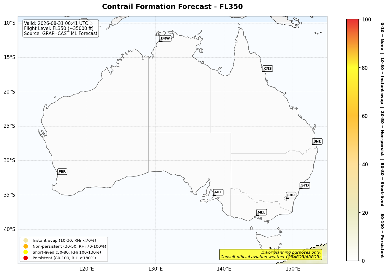 Contrail forecast for FL350 at 2026-08-31 00:41 UTC