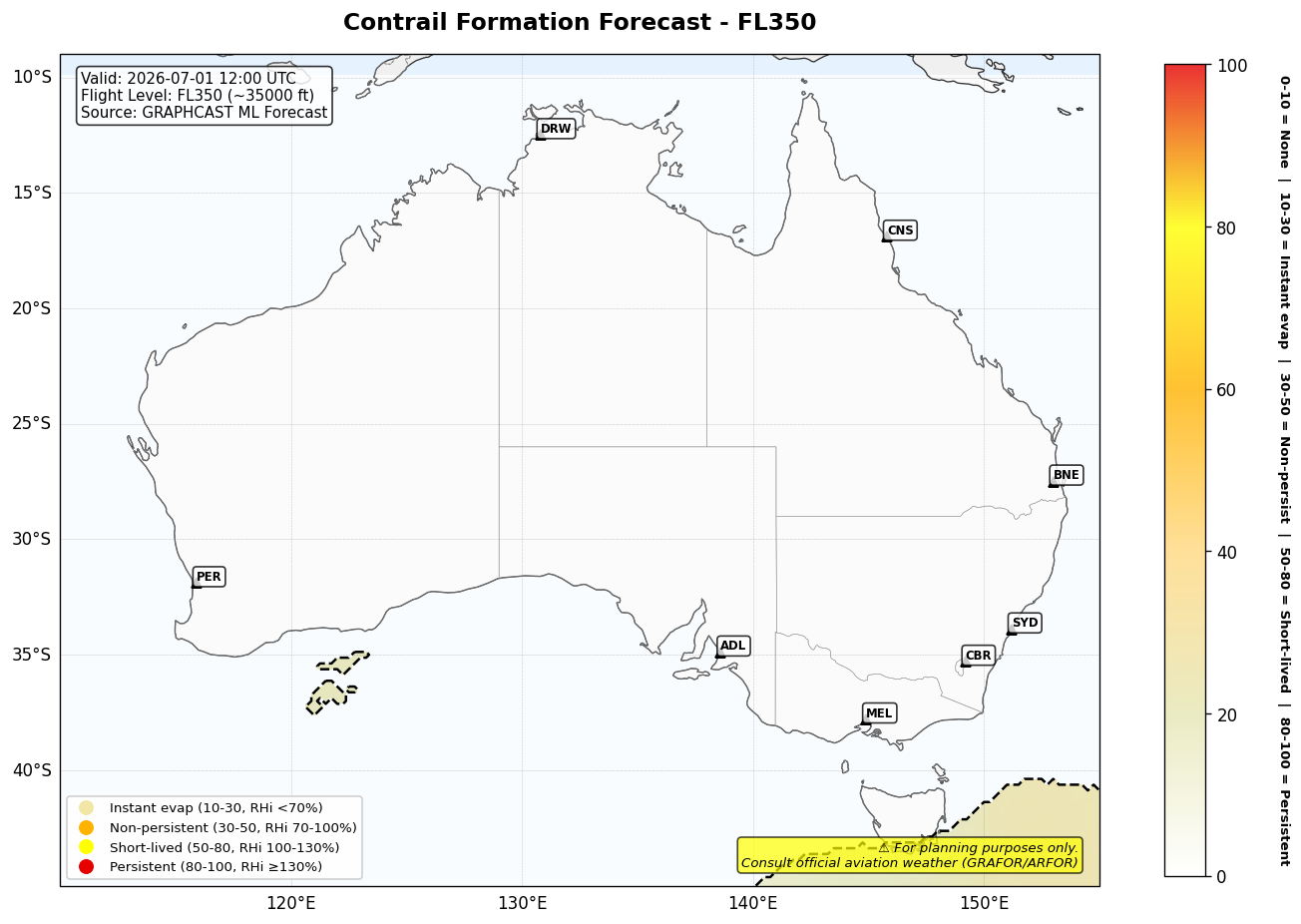 Contrail forecast for FL350 at 2026-07-01 12:00 UTC