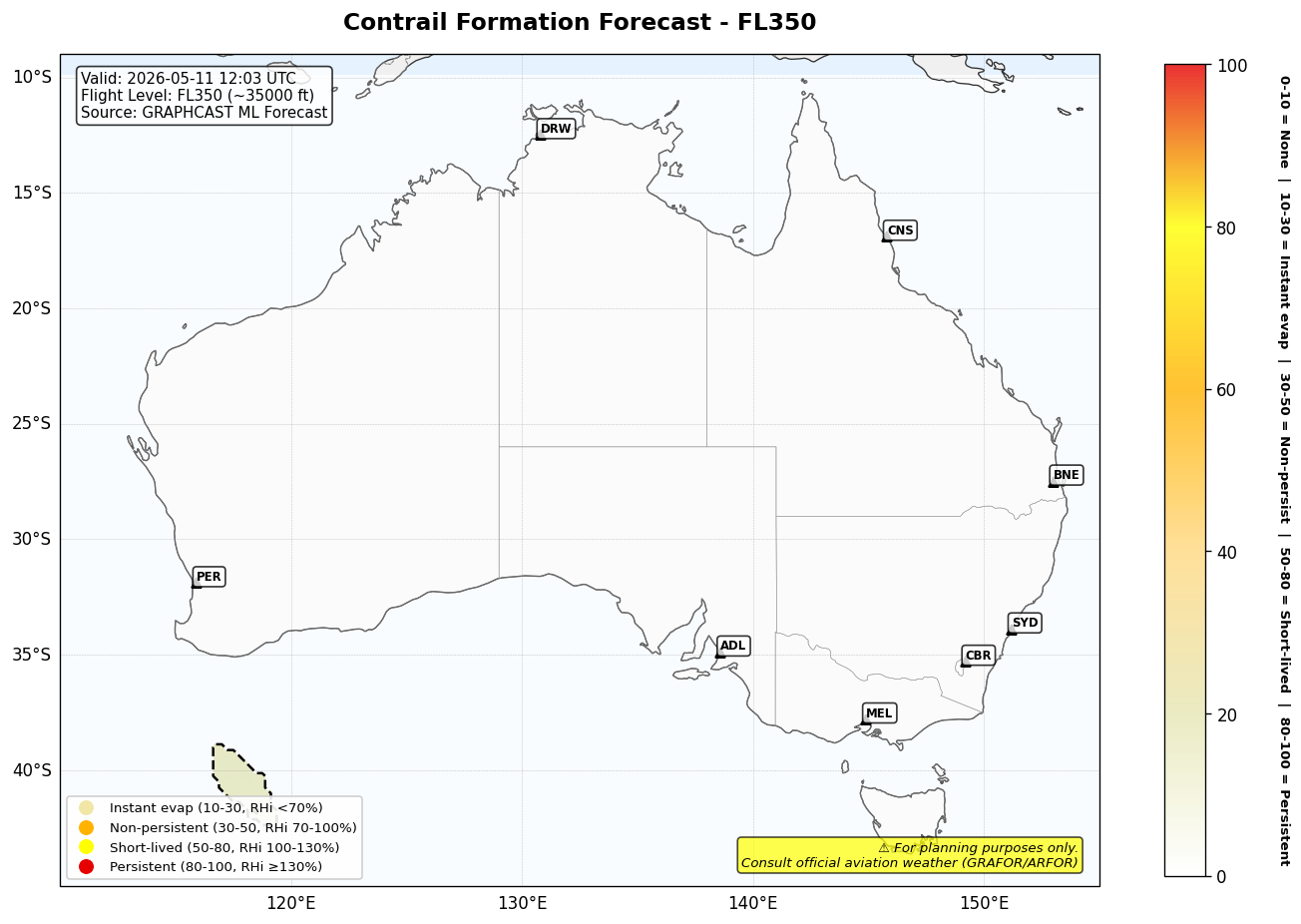 Contrail forecast for FL350 at 2026-05-11 12:03 UTC