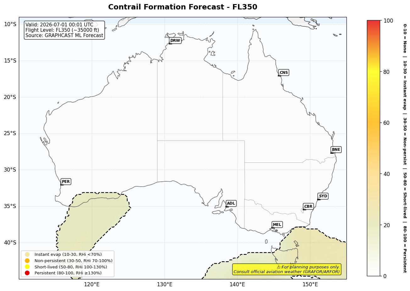 Contrail forecast for FL350 at 2026-07-01 00:01 UTC