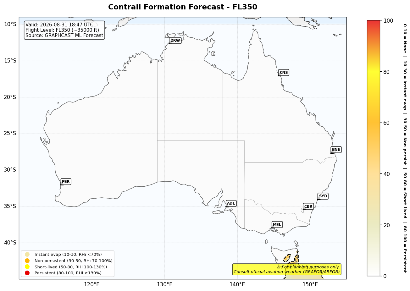 Contrail forecast for FL350 at 2026-08-31 18:47 UTC