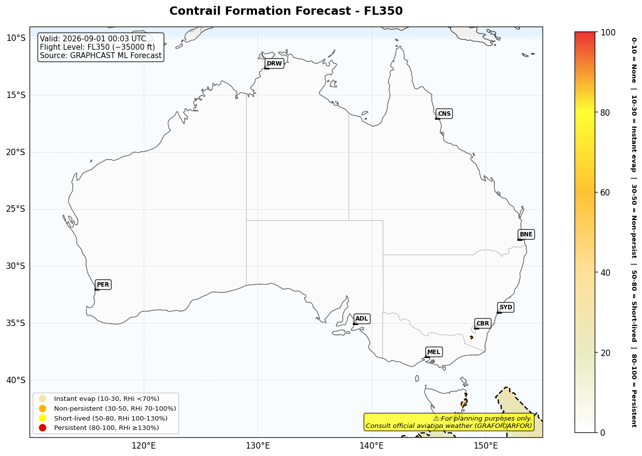 Contrail forecast for FL350 at 2026-09-01 00:03 UTC