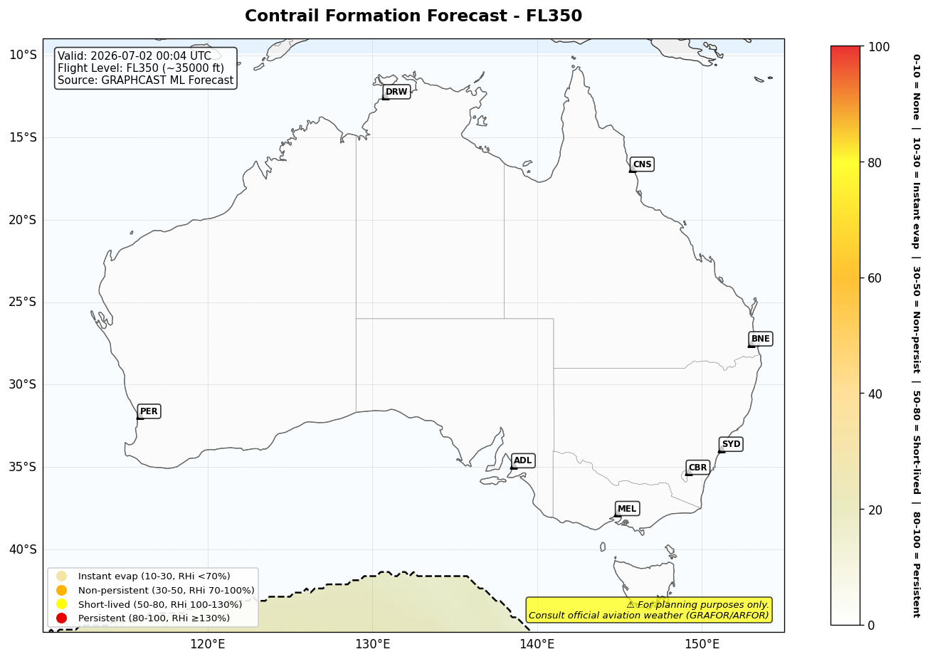 Contrail forecast for FL350 at 2026-07-02 00:04 UTC