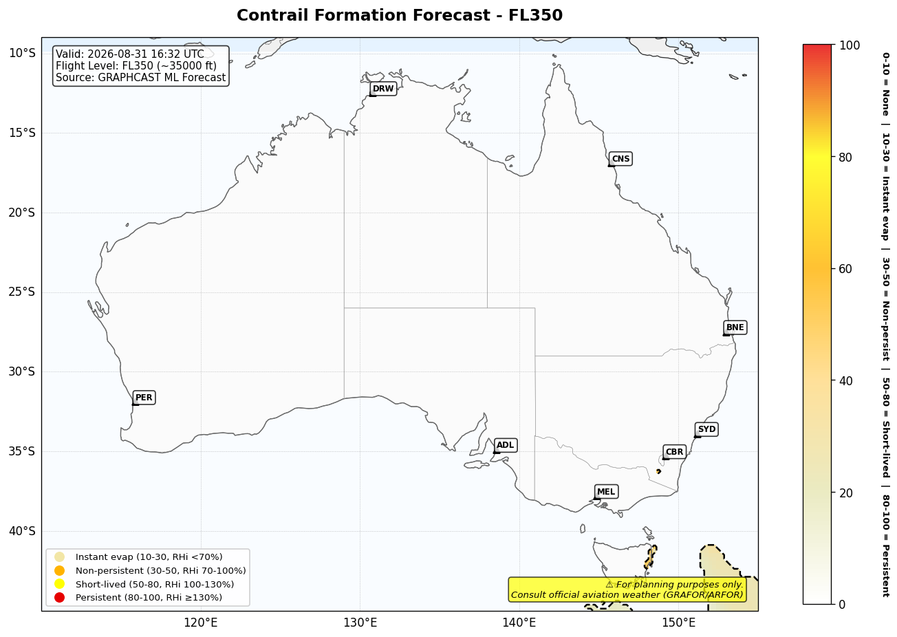Contrail forecast for FL350 at 2026-08-31 16:32 UTC