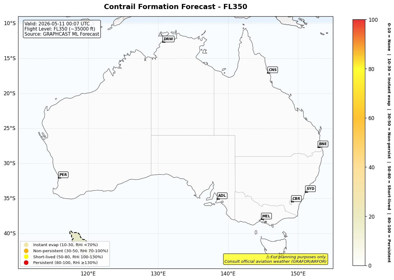 Contrail forecast for FL350 at 2026-05-11 00:07 UTC