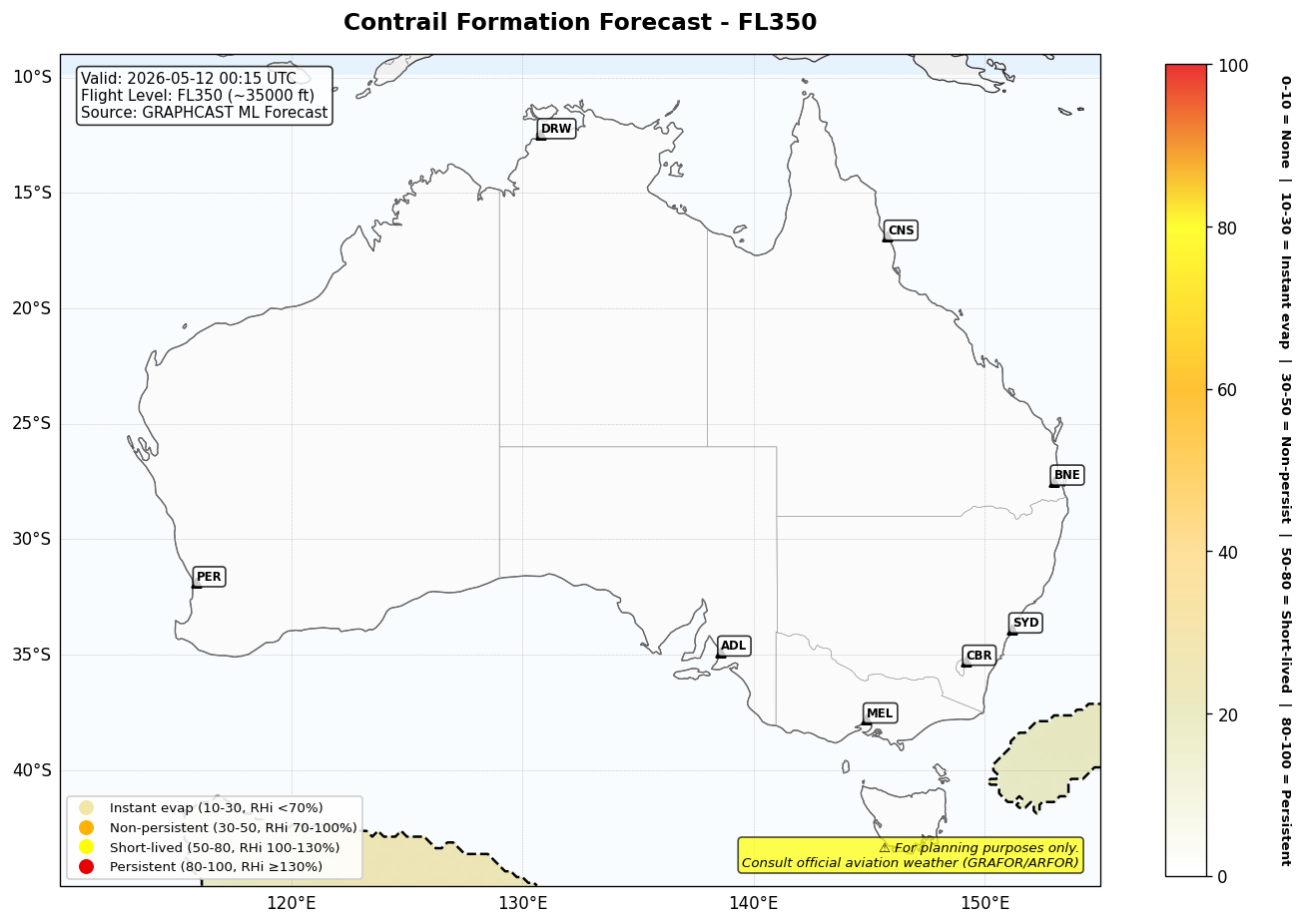 Contrail forecast for FL350 at 2026-05-12 00:15 UTC