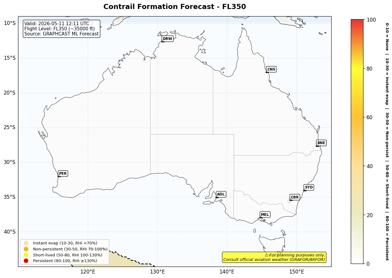 Contrail forecast for FL350 at 2026-05-11 12:11 UTC