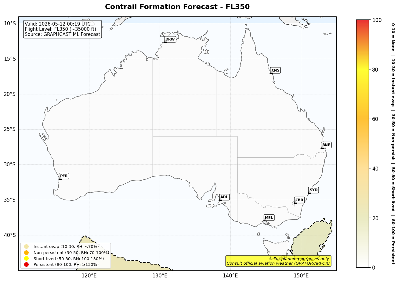 Contrail forecast for FL350 at 2026-05-12 00:19 UTC