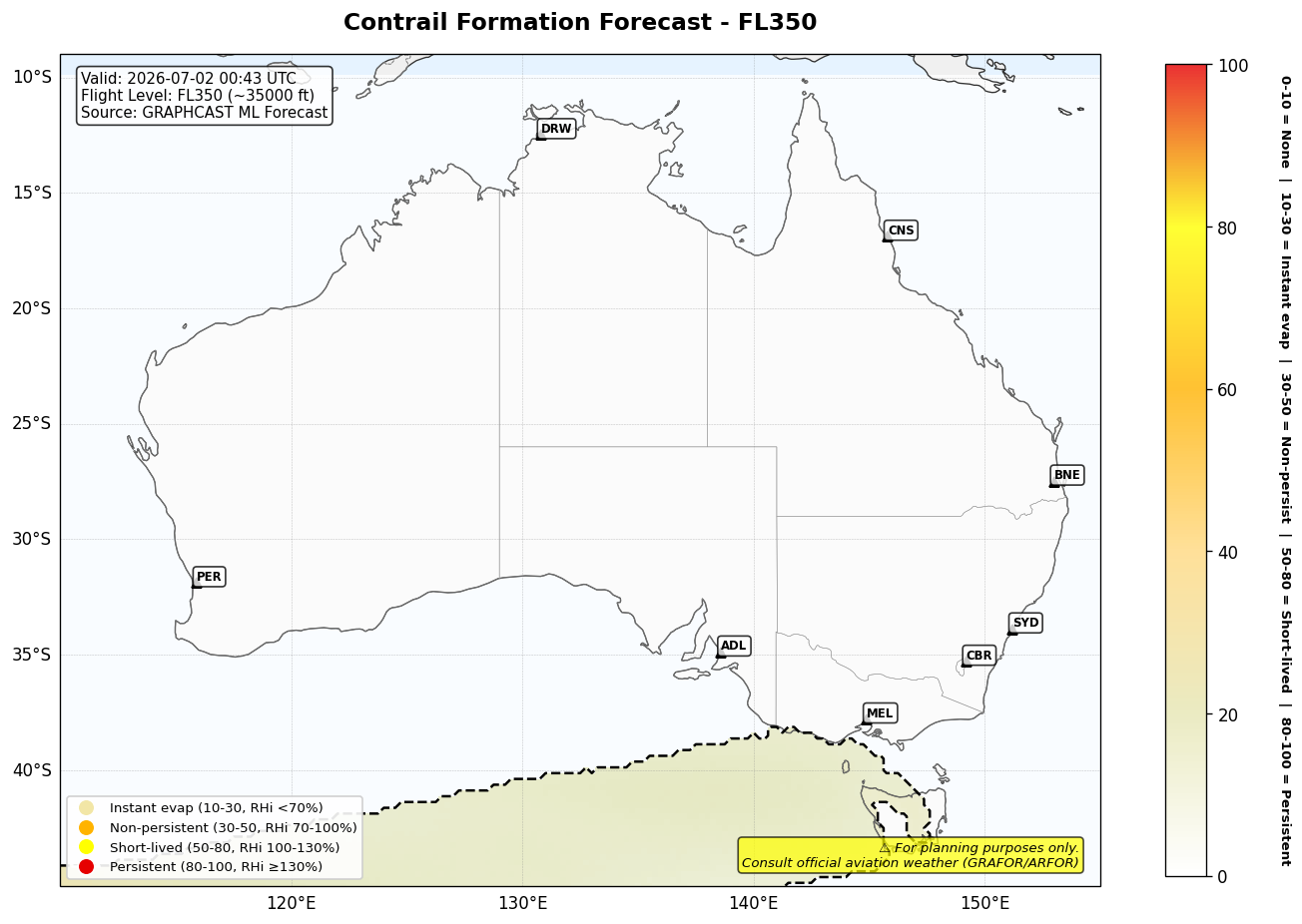 Contrail forecast for FL350 at 2026-07-02 00:43 UTC