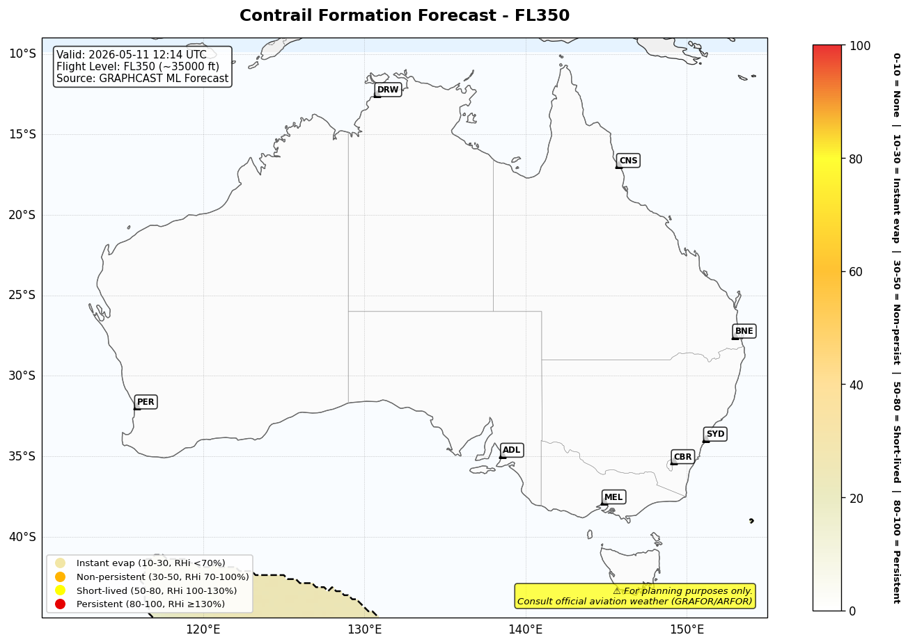 Contrail forecast for FL350 at 2026-05-11 12:14 UTC