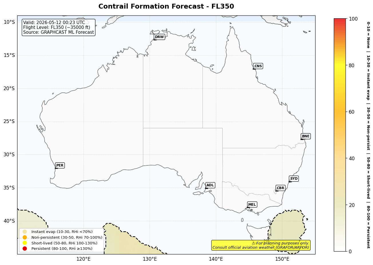 Contrail forecast for FL350 at 2026-05-12 00:23 UTC
