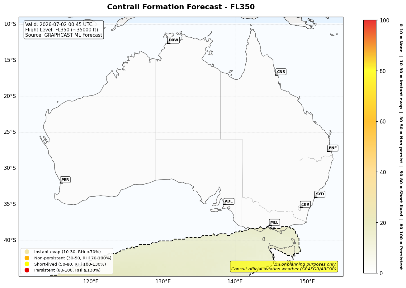 Contrail forecast for FL350 at 2026-07-02 00:45 UTC
