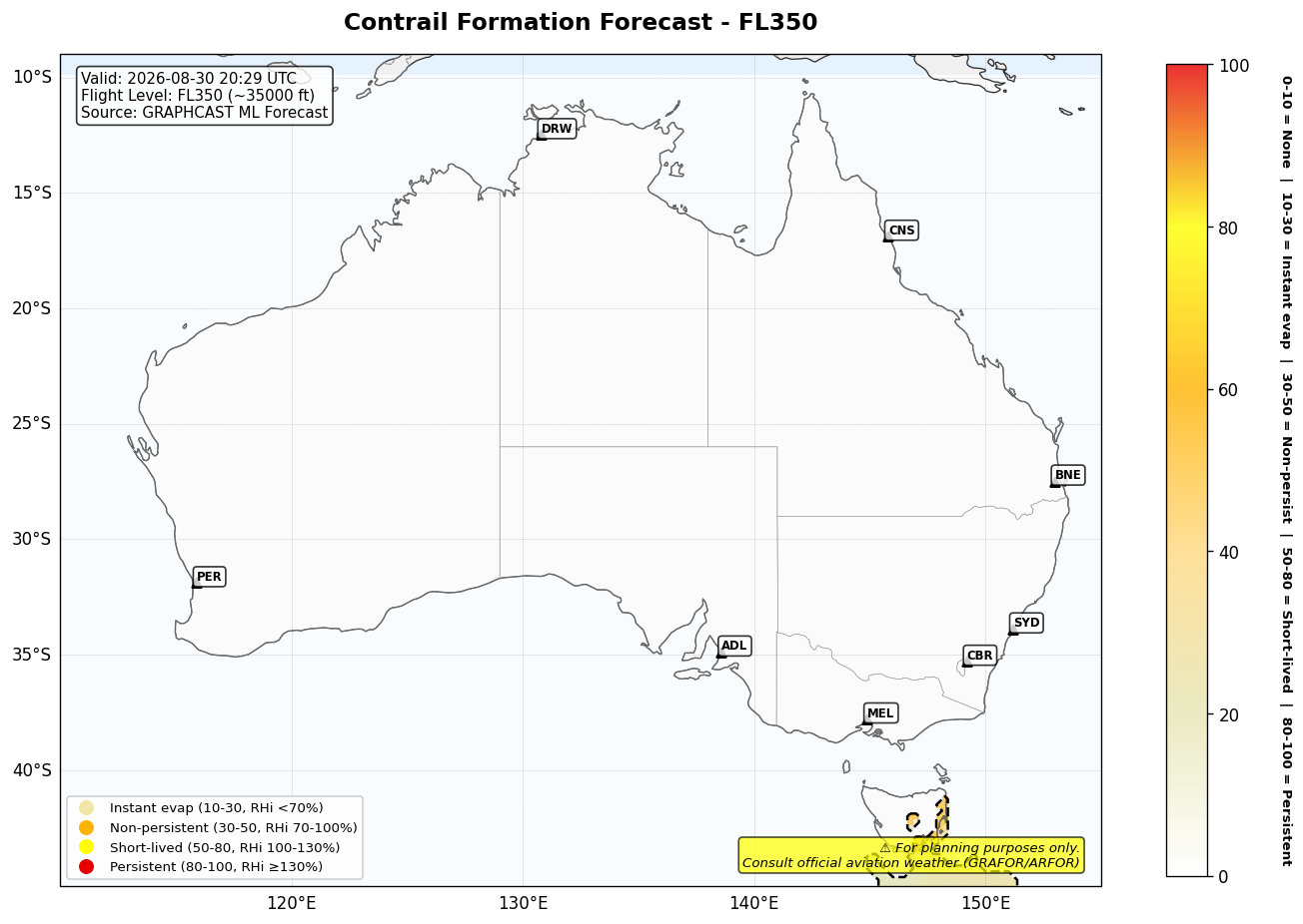Contrail forecast for FL350 at 2026-08-30 20:29 UTC