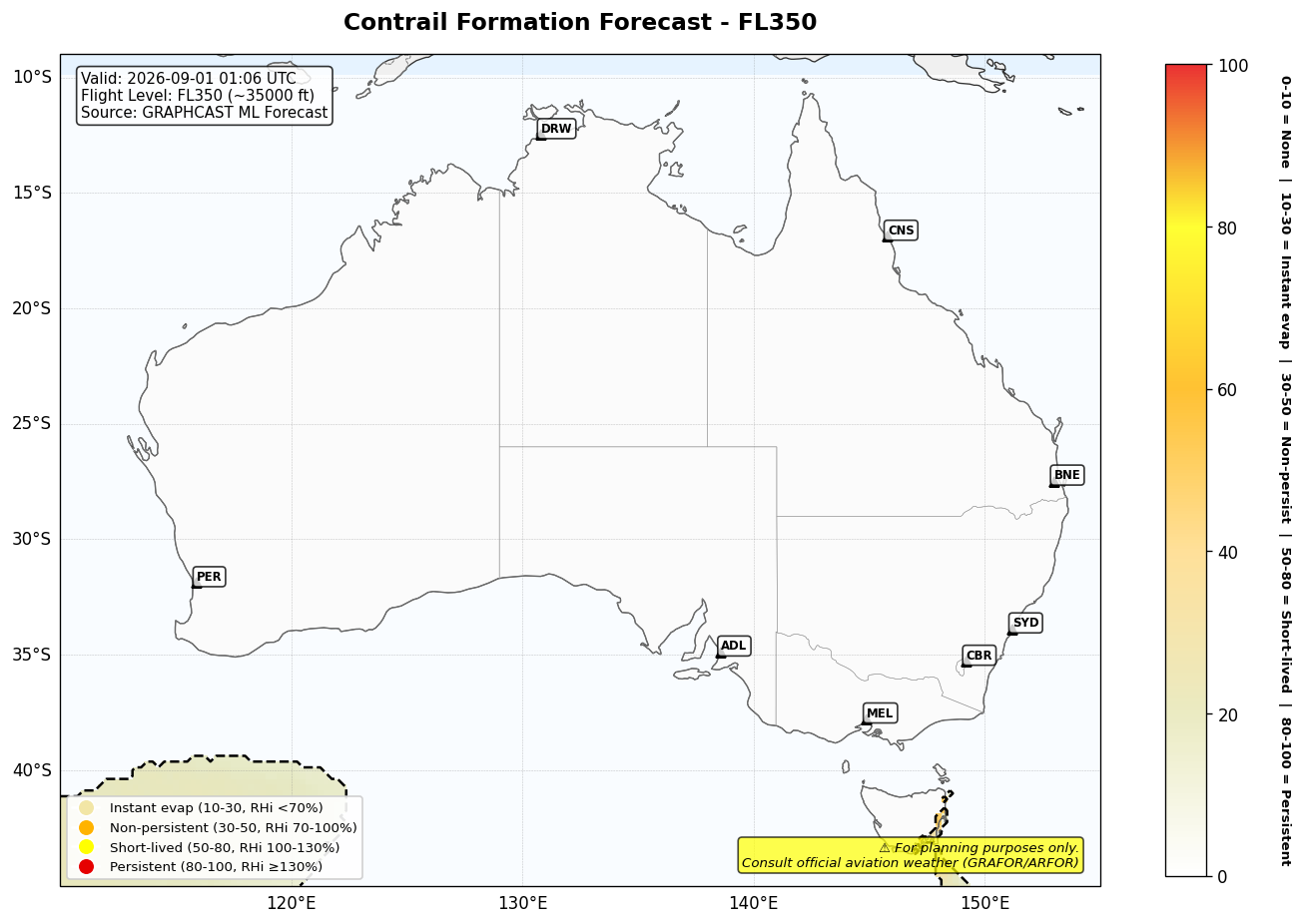 Contrail forecast for FL350 at 2026-09-01 01:06 UTC