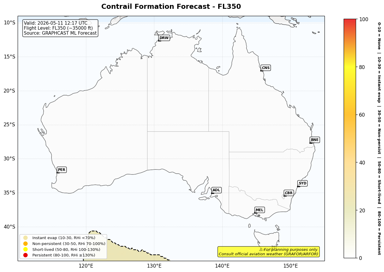 Contrail forecast for FL350 at 2026-05-11 12:17 UTC