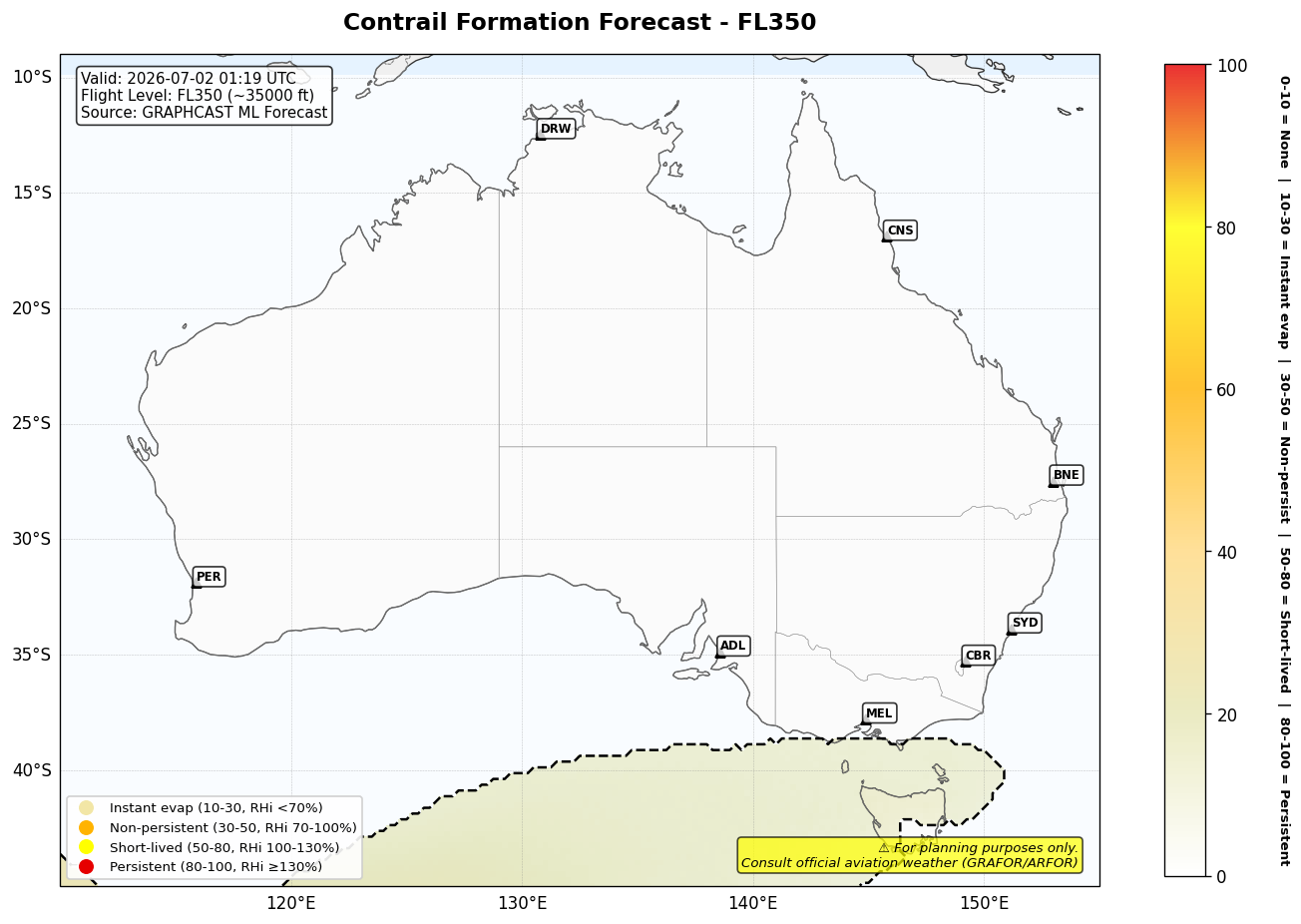 Contrail forecast for FL350 at 2026-07-02 01:19 UTC