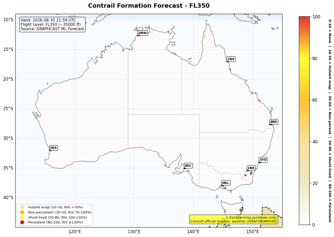 Contrail forecast for FL350 at 2026-08-30 21:59 UTC