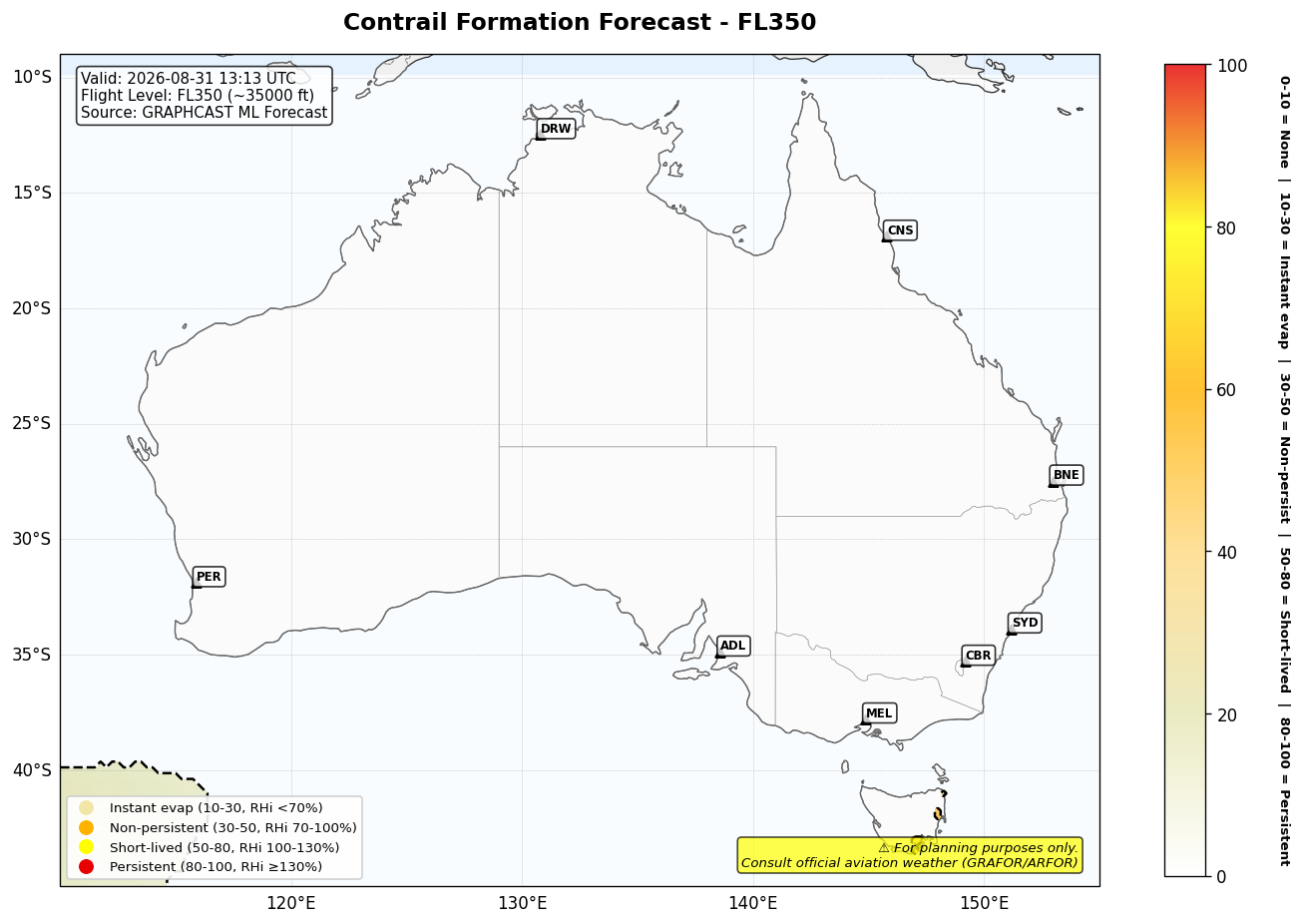 Contrail forecast for FL350 at 2026-08-31 13:13 UTC