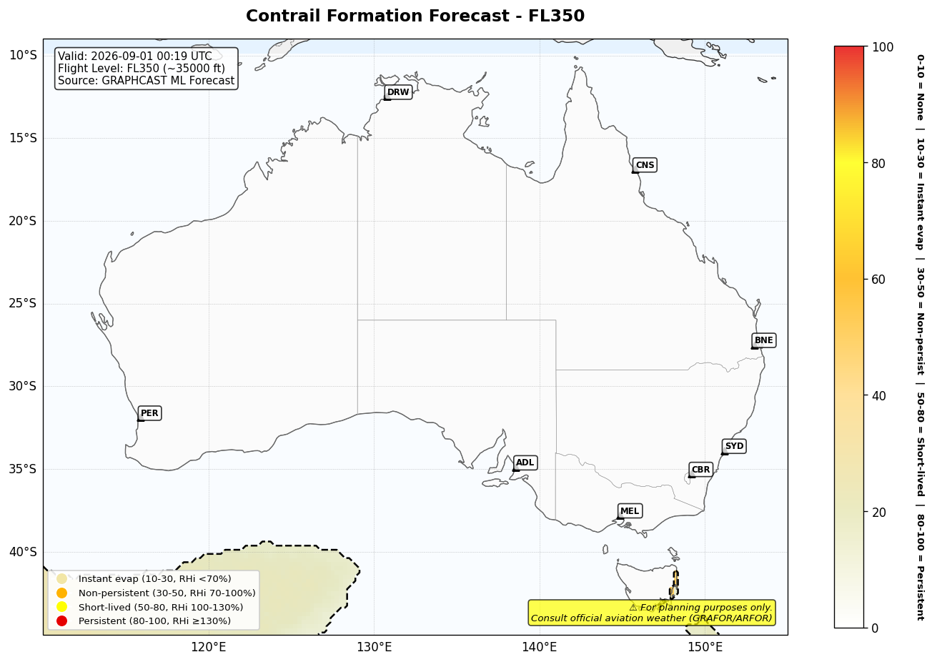 Contrail forecast for FL350 at 2026-09-01 00:19 UTC