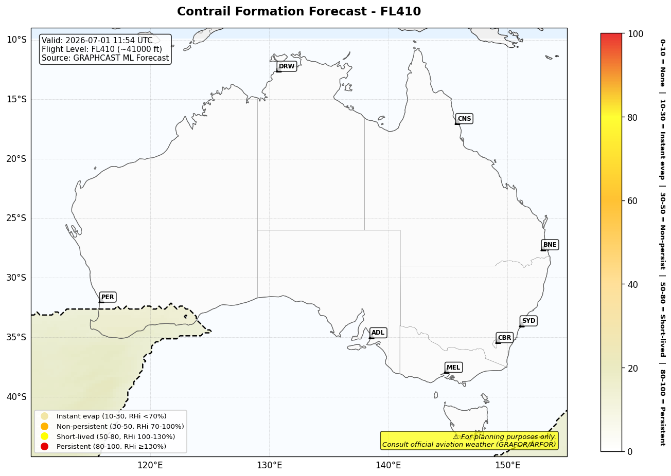 Contrail forecast for FL410 at 2026-07-01 11:54 UTC