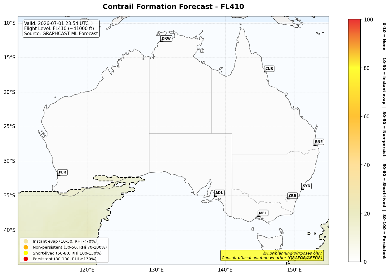 Contrail forecast for FL410 at 2026-07-01 23:54 UTC