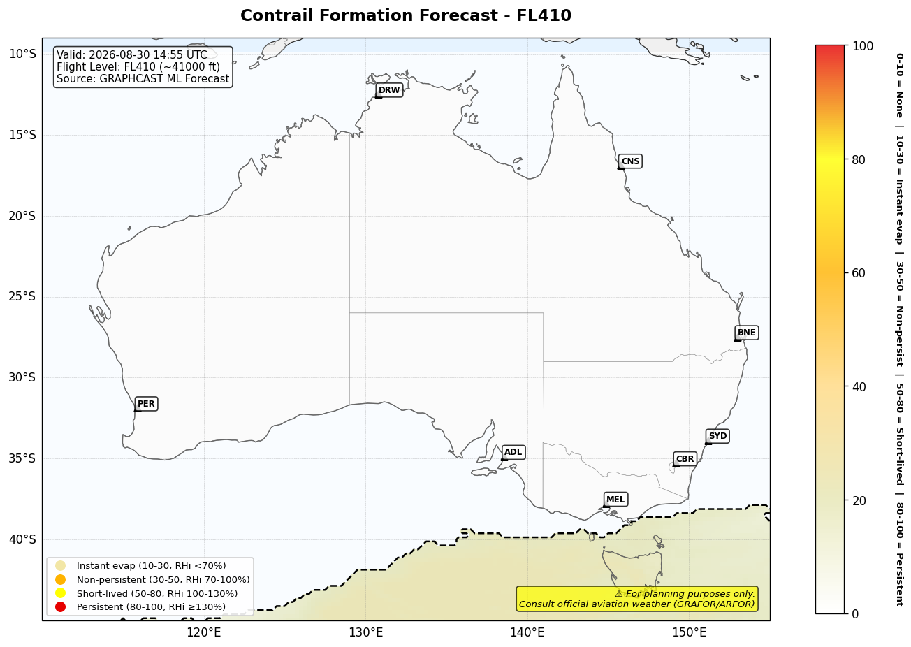 Contrail forecast for FL410 at 2026-08-30 14:55 UTC