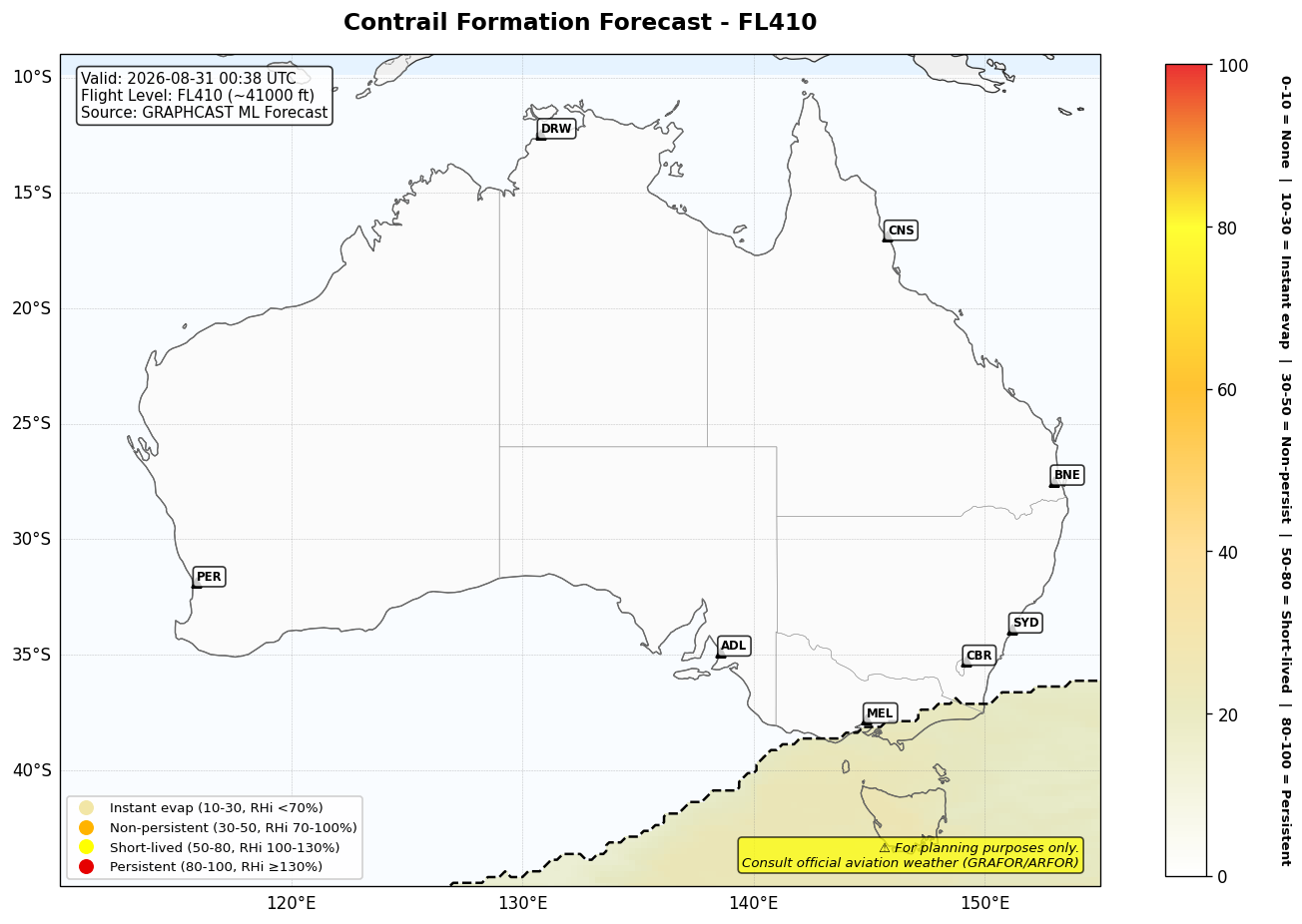 Contrail forecast for FL410 at 2026-08-31 00:38 UTC