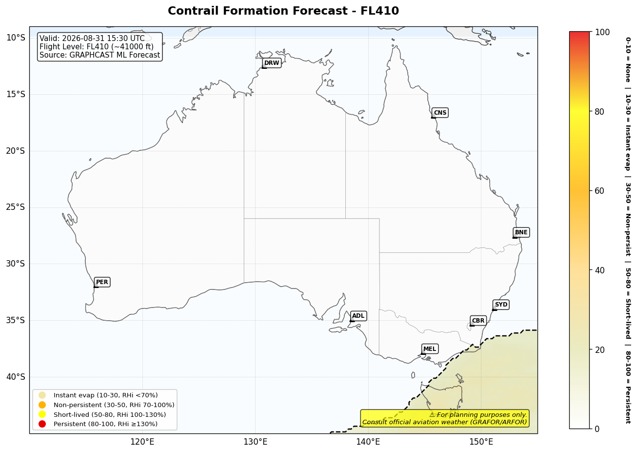 Contrail forecast for FL410 at 2026-08-31 15:30 UTC