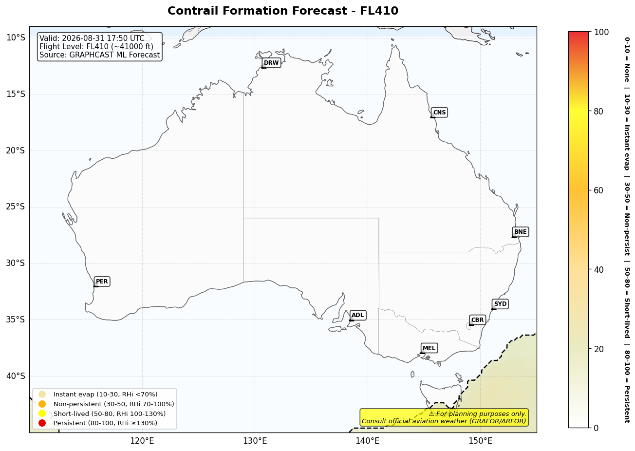 Contrail forecast for FL410 at 2026-08-31 17:50 UTC