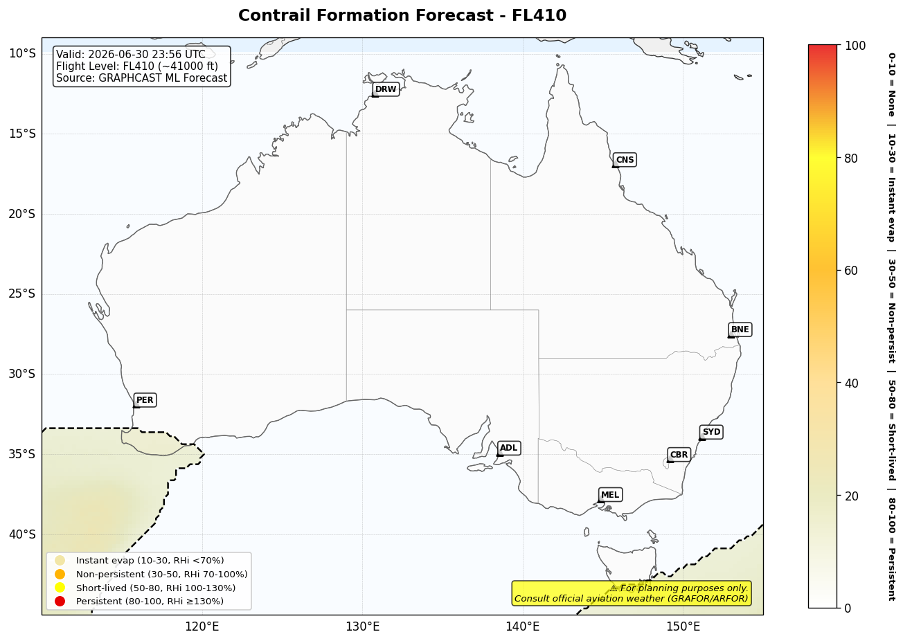 Contrail forecast for FL410 at 2026-06-30 23:56 UTC