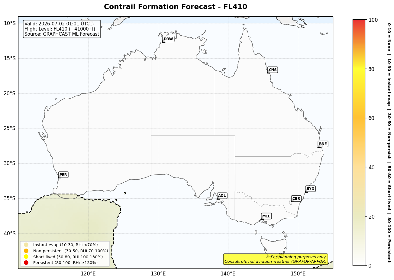 Contrail forecast for FL410 at 2026-07-02 01:01 UTC