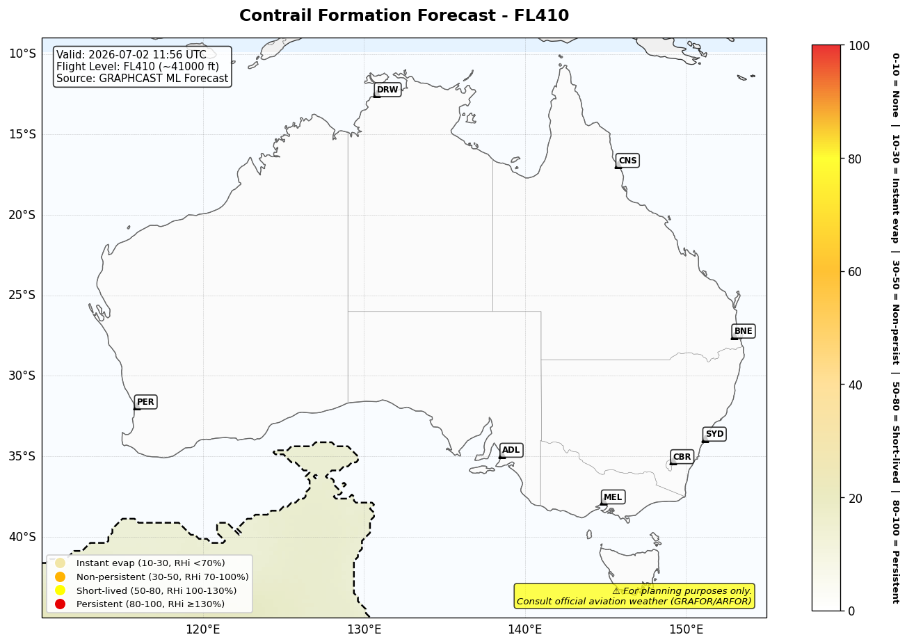 Contrail forecast for FL410 at 2026-07-02 11:56 UTC