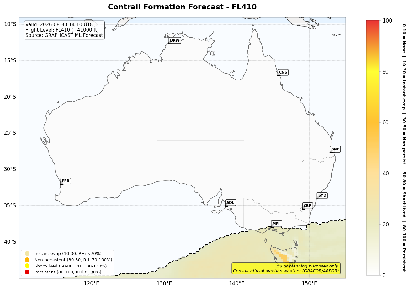 Contrail forecast for FL410 at 2026-08-30 14:10 UTC