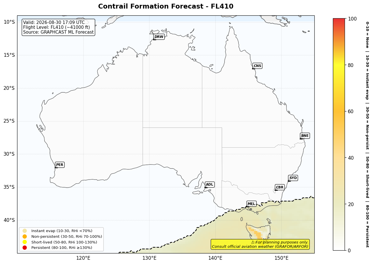 Contrail forecast for FL410 at 2026-08-30 17:09 UTC