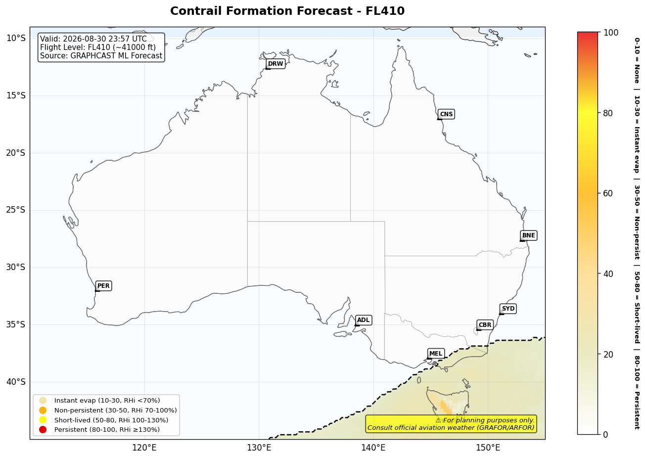 Contrail forecast for FL410 at 2026-08-30 23:57 UTC