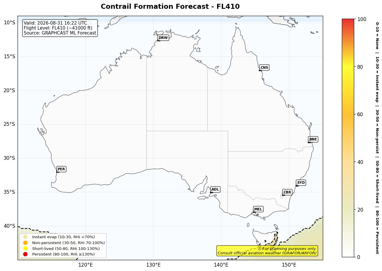 Contrail forecast for FL410 at 2026-08-31 16:22 UTC