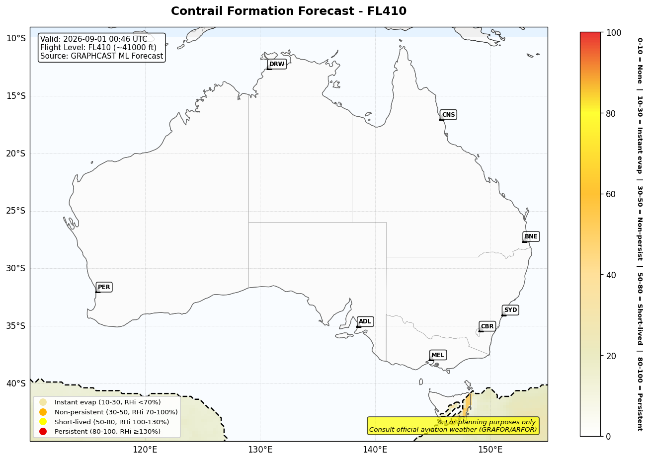 Contrail forecast for FL410 at 2026-09-01 00:46 UTC