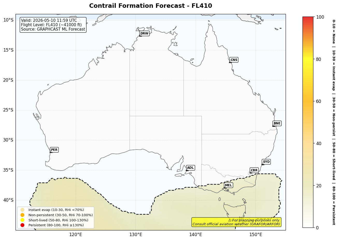 Contrail forecast for FL410 at 2026-05-10 11:59 UTC