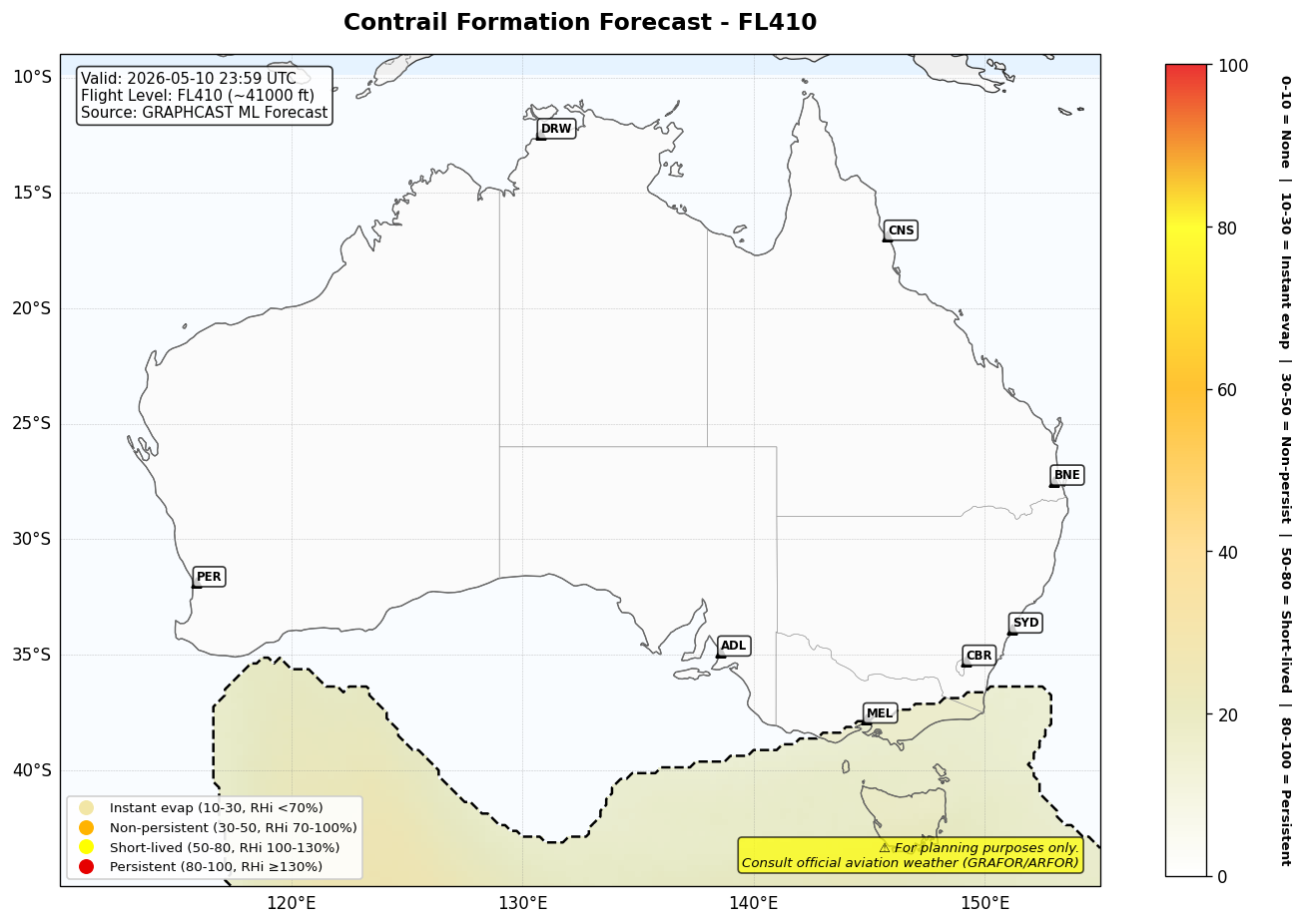 Contrail forecast for FL410 at 2026-05-10 23:59 UTC