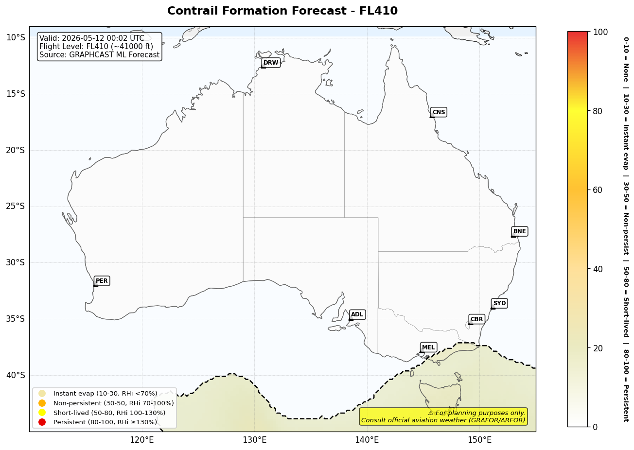 Contrail forecast for FL410 at 2026-05-12 00:02 UTC
